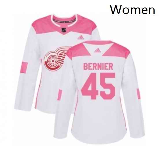 Womens Adidas Detroit Red Wings 45 Jonathan Bernier Authentic White Pink Fashion NHL Jersey